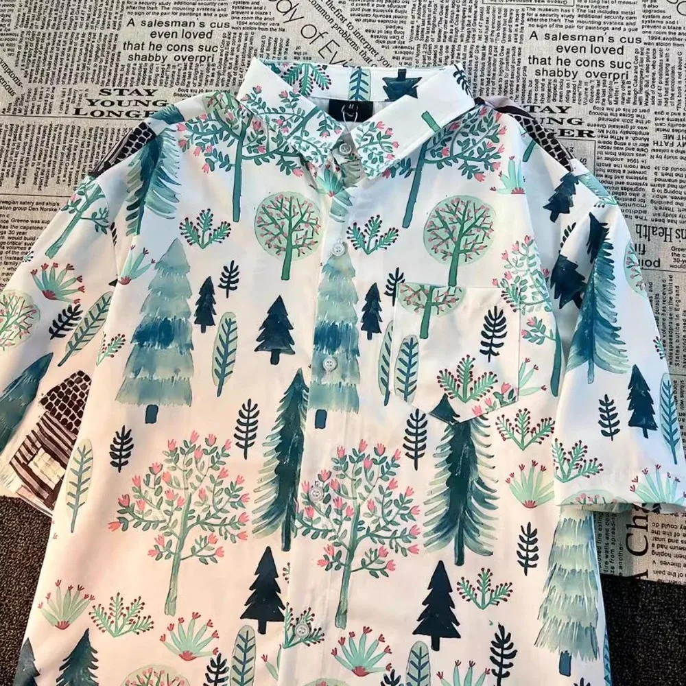 

Harajuku Personality Y2K Tree Flower Shirts Summer Short Sleeve Blouse for Men Women Streetwear New Beach Shirt Loose Oversized