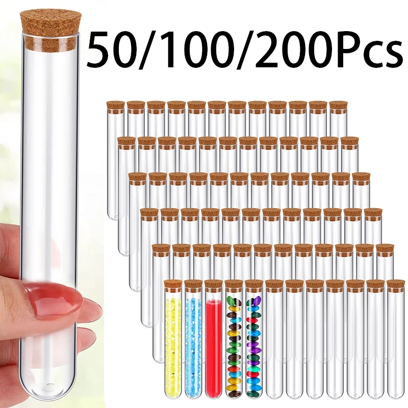 50-200Pcs Clear Plastic Test Tubes with Cork Stoppers 10ml Small Test Tubes with Lids Plastic Bottles for Storage Jewelry Seed