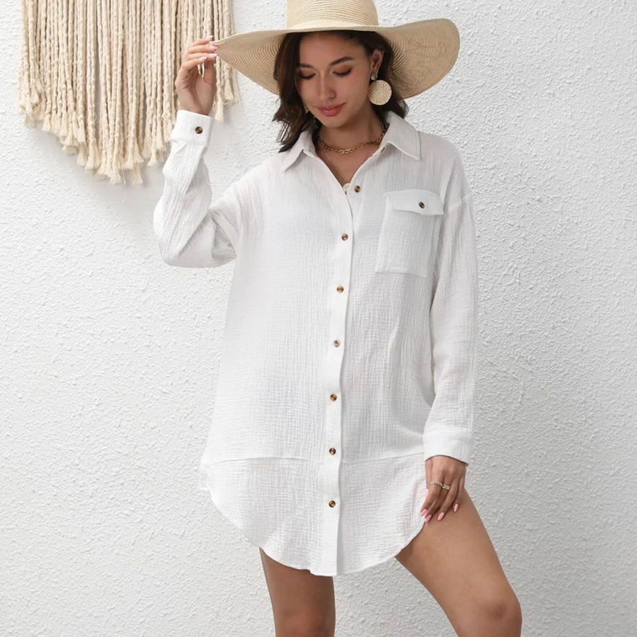 

High Quality Pure Cotton Summer Swimsuit Cover Ups Long Sleeve Shirt 2025 Long Sexy Beach Polka Maxi Beach Dress Women Beachwear