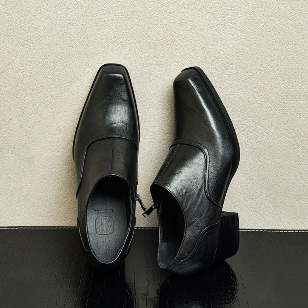 Genuine Leather Men High-heeled Slip on Loafers European Brand Business Casual Wedding Party Design Height Increasing 5cm