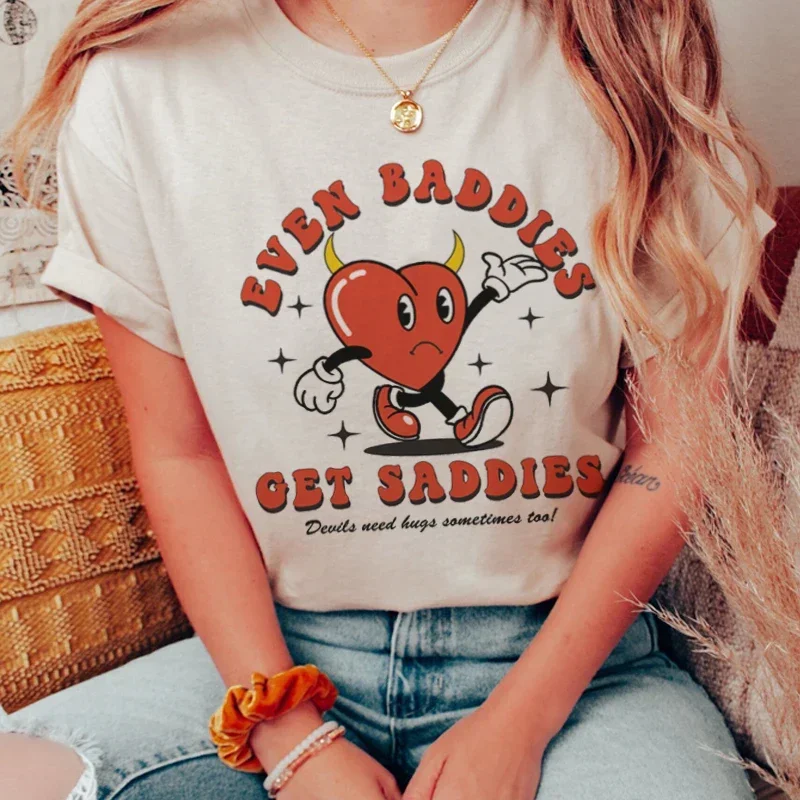 Short Sleeves Pure Cotton Tops Streewear Even Baddies Get Saddies Women Retro Cartoon Graphic Tees Cute Mental Health  Clothes