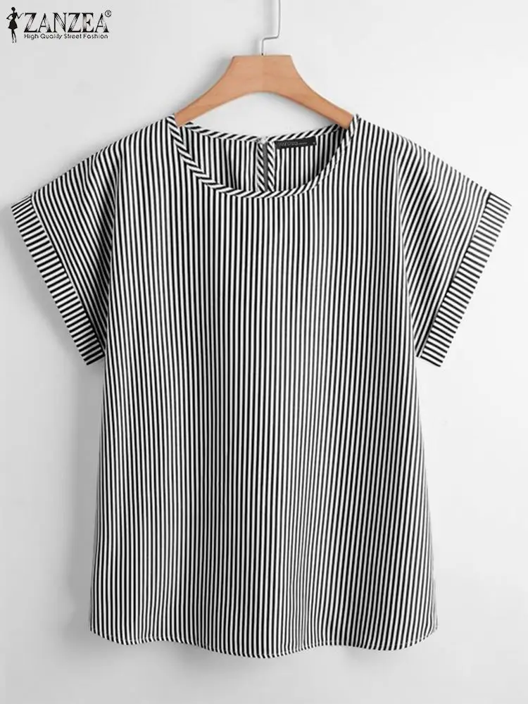 ZANZEA Harajuku Women Short Sleeve Blouse Korean Fashion Stripes Tops 2024 Summer Casual Round Neck Tunics Daily Simple Blusas