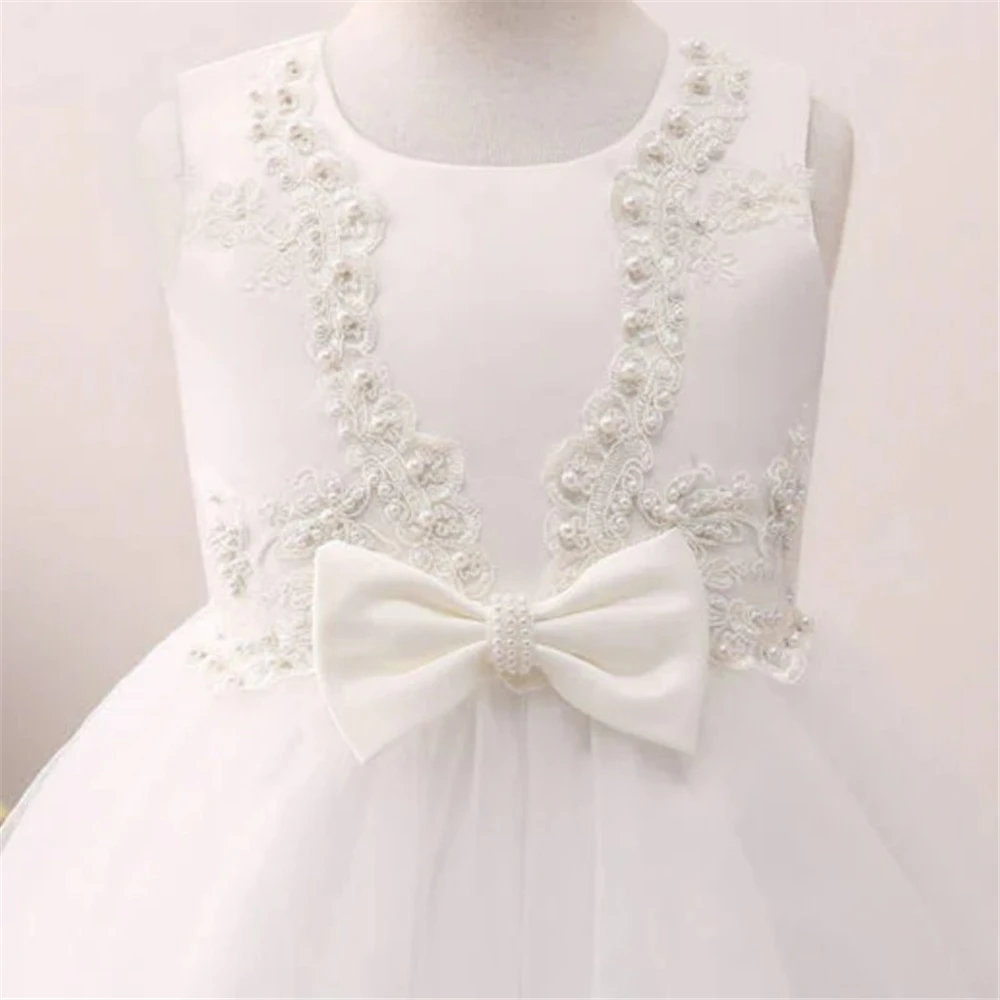 Sleeveless Tulle Lace Printing Pearl Flower Girl Dress Princess Ball First Communion Dresses Kids Surprise Birthday Present