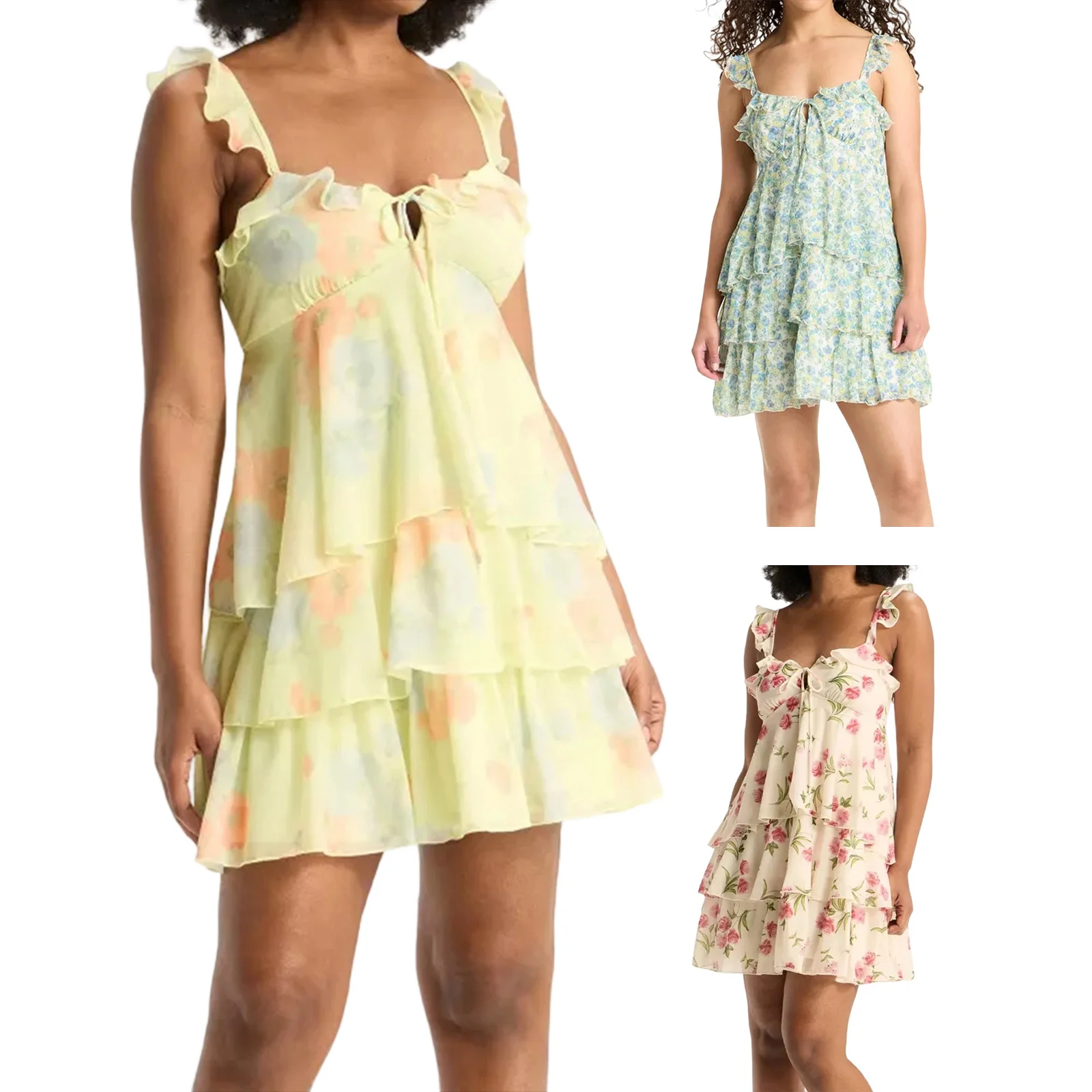 Mulheres sem mangas em camadas mini vestido verão floral impressão plissado em camadas vestido de festa para férias cocktail praia streetwear