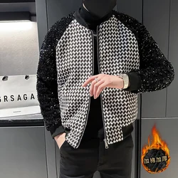 Luxury Sequin Patchwork Jacket for Men Winter Thickened and Warm Parkas Coat Casual Social Bomber Jacket Stage Nightclub DJ Coat