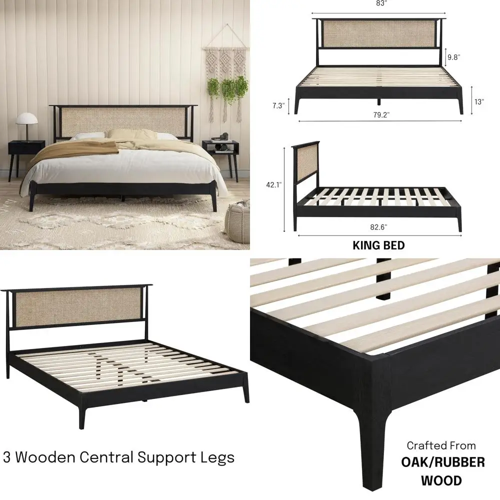 

Natural Rattan NTC Ruby Wooden Bed with Headboard, Solid Oak Slat Support, 1000 lbs Capacity, Easy Assembly