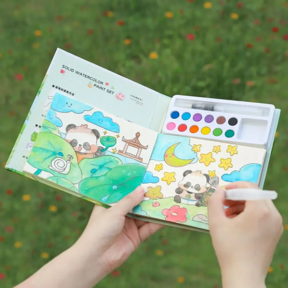 Creative Gouache Graffiti Picture Book with 10-Color Pigment Blocks 24 Pages Watercolor Coloring Set Watercolor Paper Dip Pens