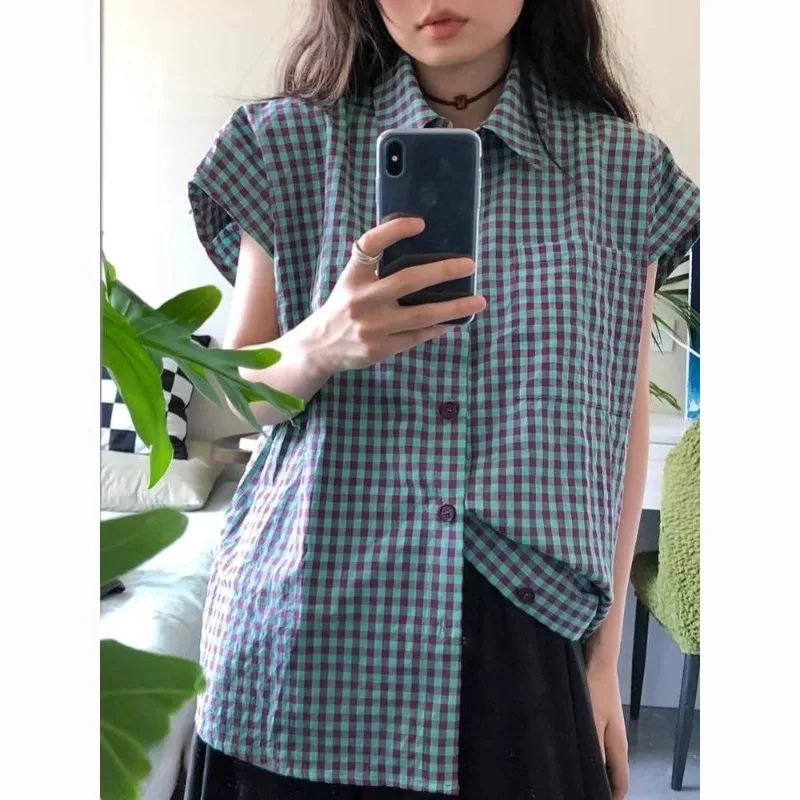 

EBAIHUI Color Blocking Plaid Women's Short Sleeved Shirt Japanese Retro College Style Ladies Blouse Summer Casual Versatile Top
