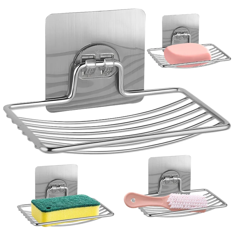 1-10pcs Stainless Steel Soap Rack Wall-mounted Punch-free Soap Rack Unch-free Nail-free Bathroom Single Layer Drain Soap Box