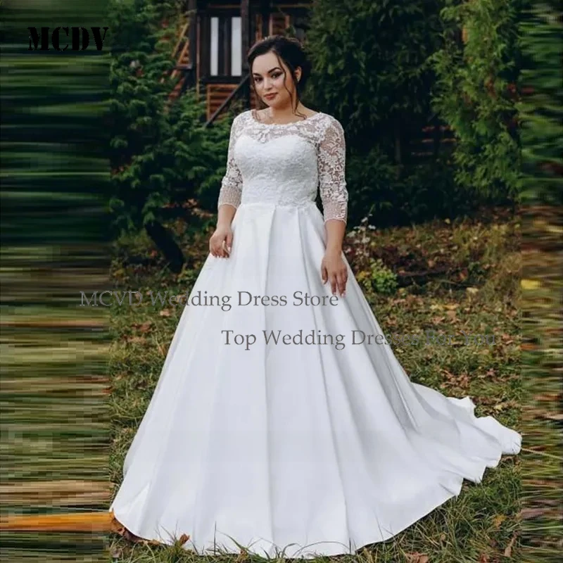 

MCDV Modern Customized Satin Plus Size Wedding Dresses for Bride 2026 A-Line Lace Appliques Long Bridal Gown