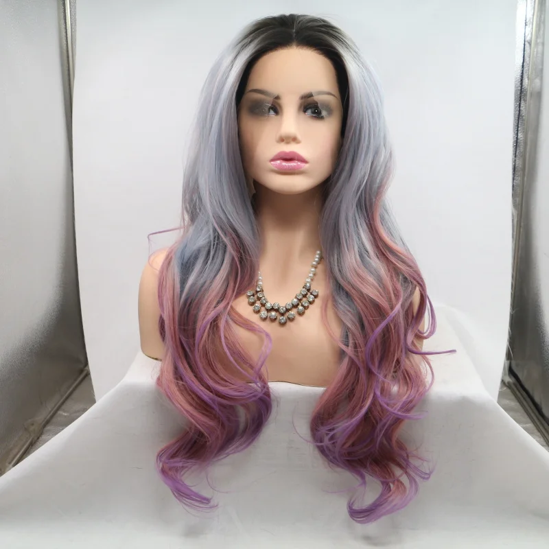 

Women's hand-woven lace front synthetic wig with gradient color and large wavy long curls