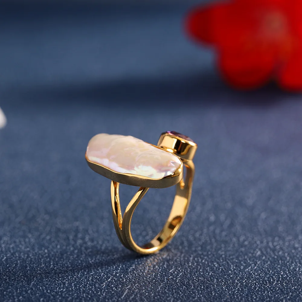 Asymmetric Natural Toothpick Baroque Long Pearls Women Stunning Personalized Jewelry Gilded 925 Silver Jewelry Malachite Ring