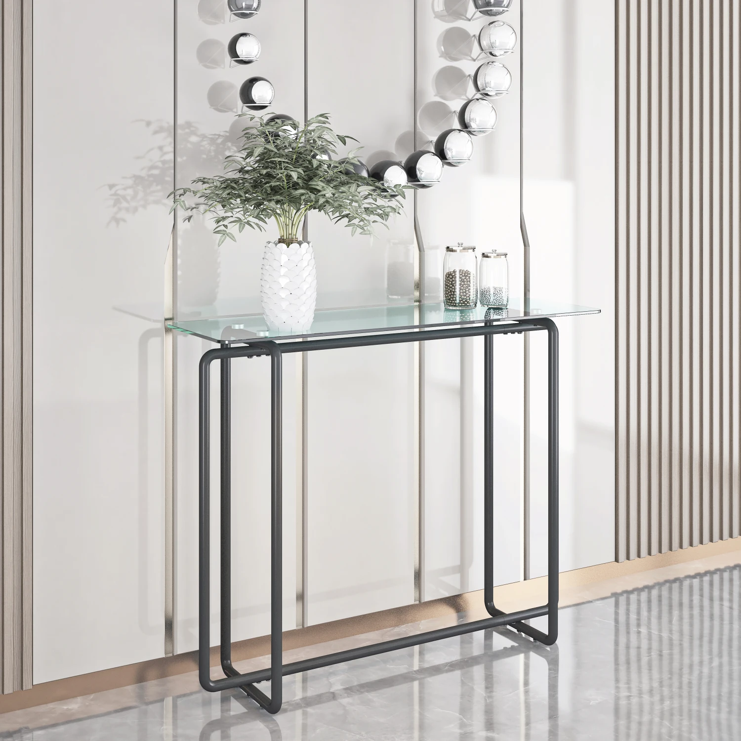 Console Table single layer tempered glass rectangular porch table black leg double tempered glass tea table,Transparent