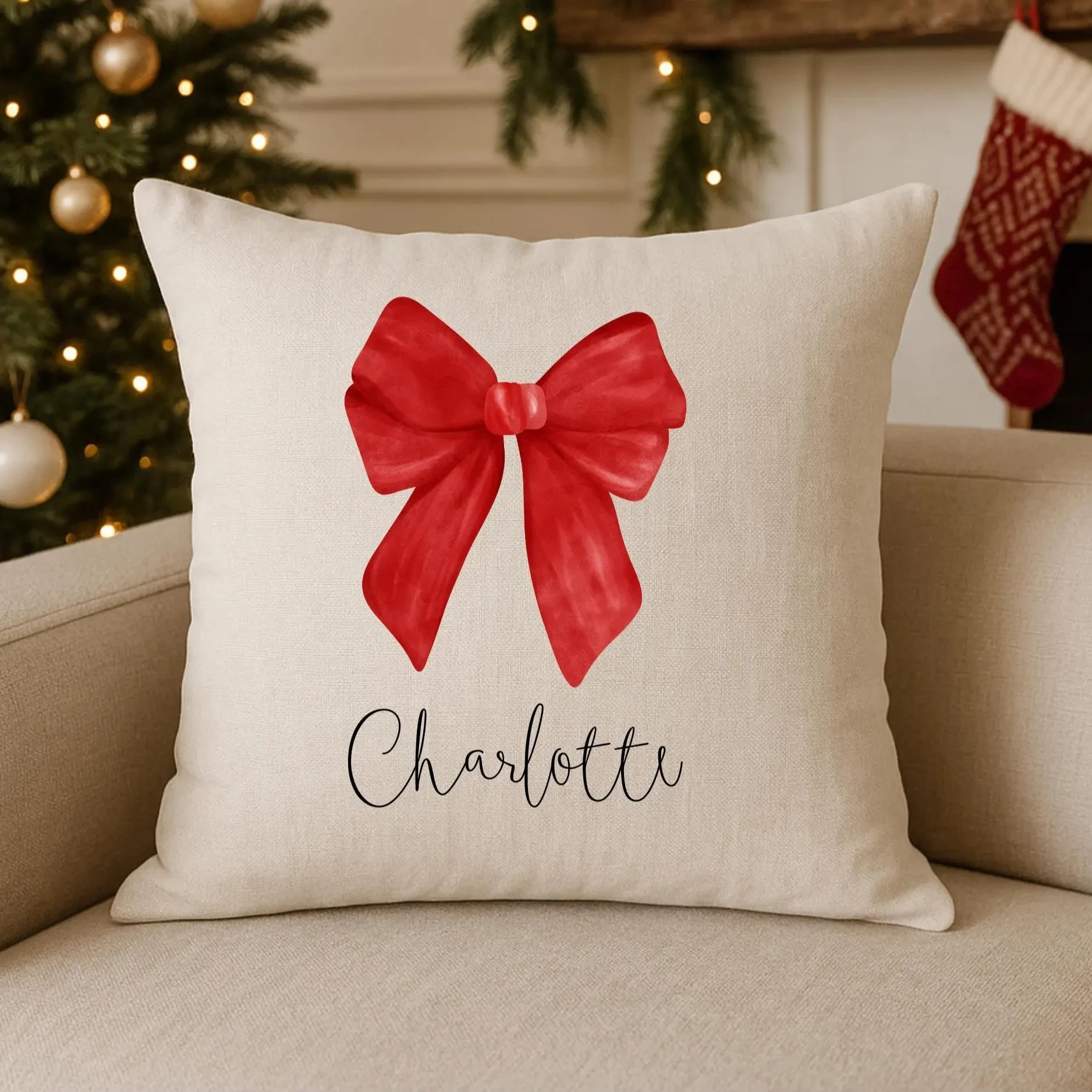 Christmas Festive Pillow Watercolor Red Bow Style For Christmas Living Room Couch Decor Charming Cozy Durable Quality Certified