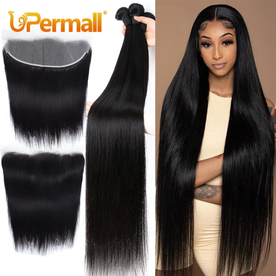 Upermall 2/3/4 Remy lurus rambut manusia bundel dengan Frontal Brazilian transparan sebelum dipetik 13x4 renda penutup dan bundel 10A