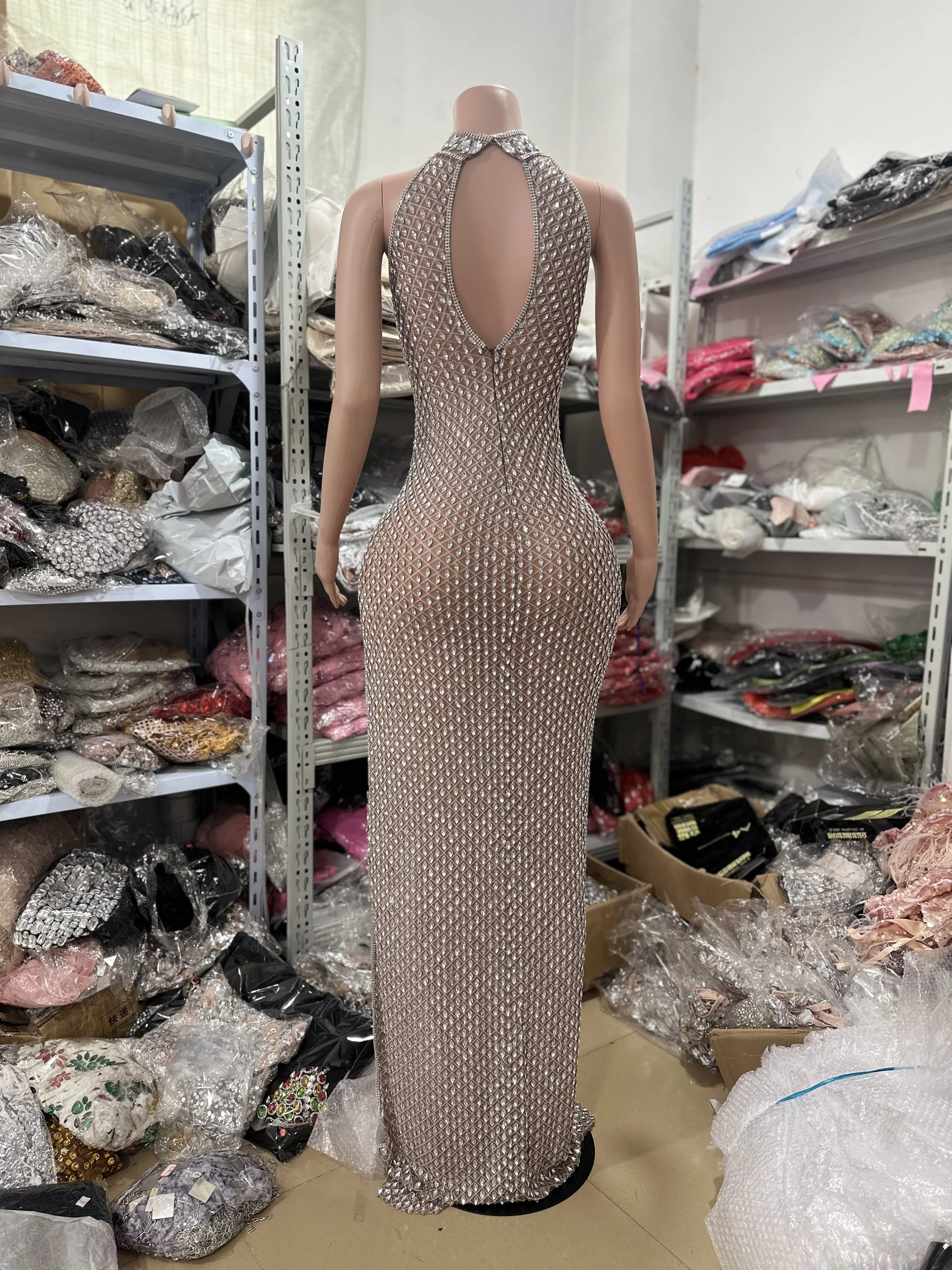 Luxurious Full Rhinestones Mesh Transparent long dress Women Birthday Celebrate Evening Prom Gown Dress party Club Stage Costume