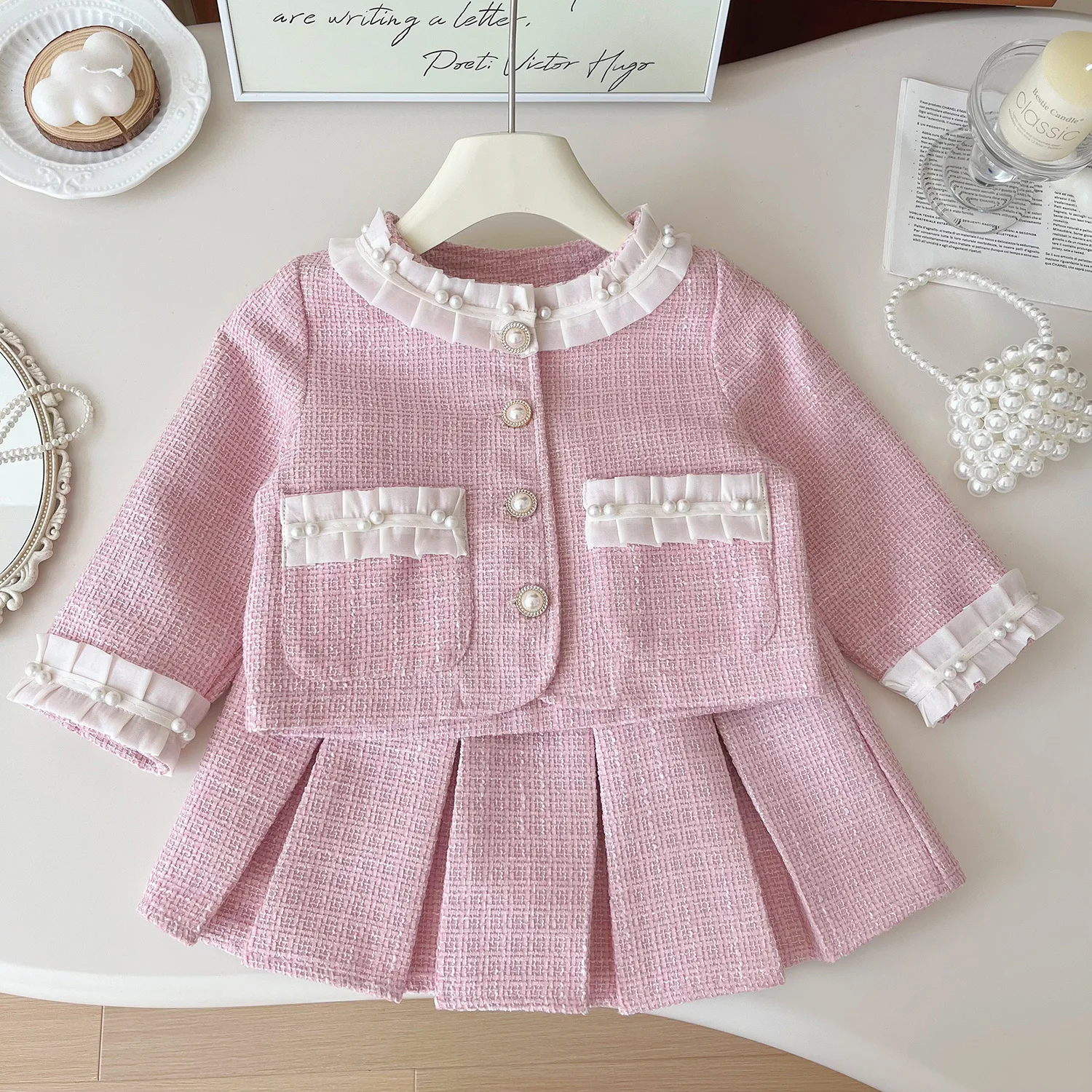 Tweed สีชมพูสาวชุดบูติก Luxury Designer เสื้อผ้าเด็กชุดเด็กเสื้อและกระโปรงจีบ 2 ชิ้นชุดเสื้อผ้าเด็ก
