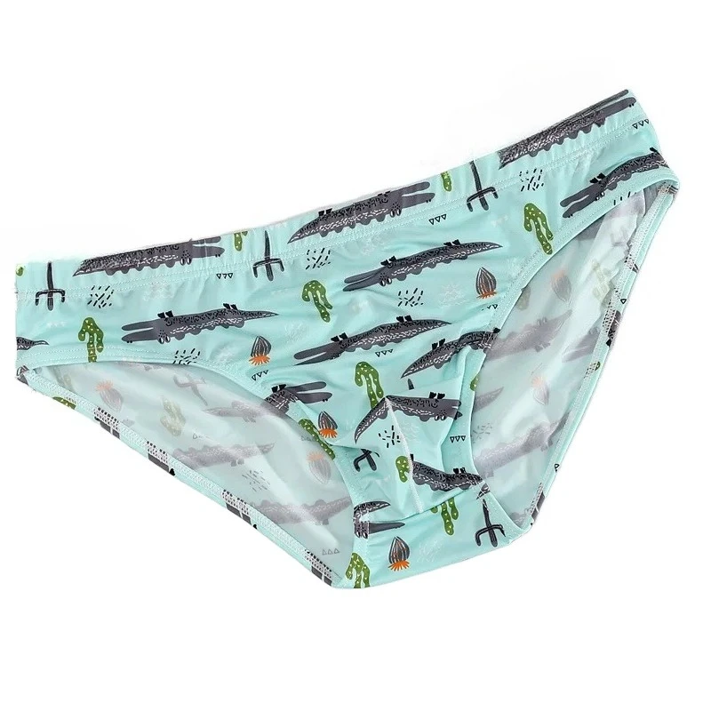 

Мужские бикини с мультяшным принтом, гладкие короткие шорты из ледяного шелка, сексуальные выпуклые трусы, тонкие быстросохнущие манкини, эластичные, удобные дышащие шорты