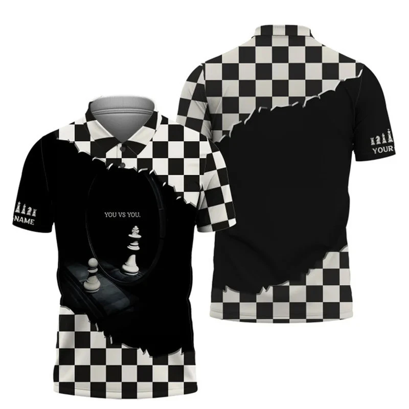 Custom Name Chess Polo Shirts For Men 3D Print Chessboard Lattice Funny Game Shirts Team Competition Funny Golf Shirt