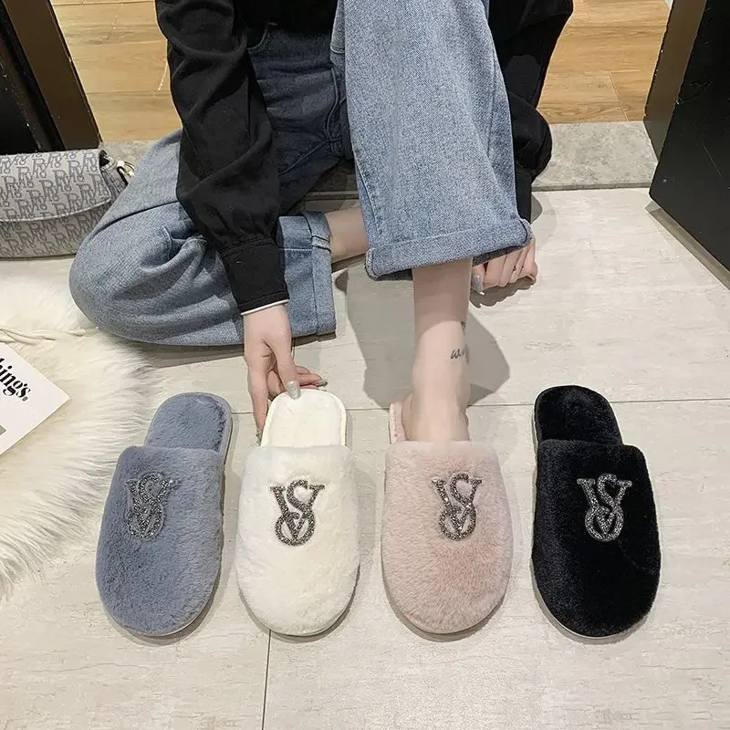 Hairy Cotton Slippers Women Autumn Winter New Warm Footwear Home Bright Diamond Slippers Fashion Outer Wear Women's Light Shoes