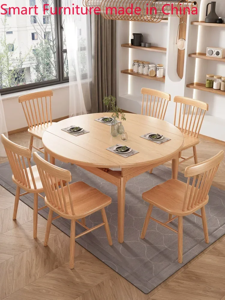 Nordic all-solid wood dining table and chair combination simple telescopic folding log color dining table household round table