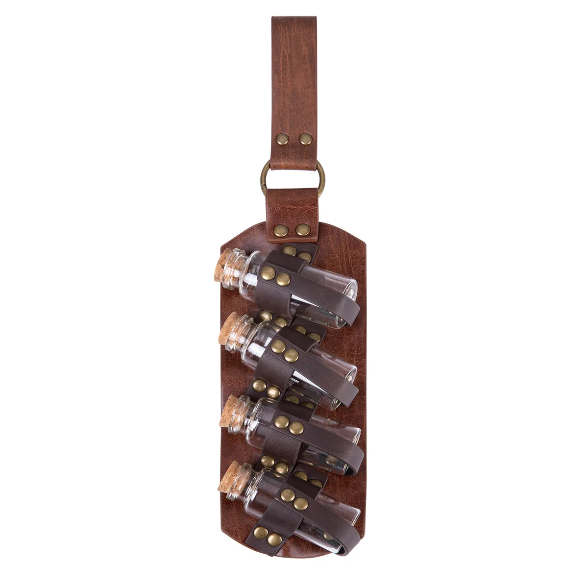 Renaissance Leather Waist Pendant 4 Cork Small Potion Bottles with Leather Holster, Medieval Viking Warrior Role-Playing Props