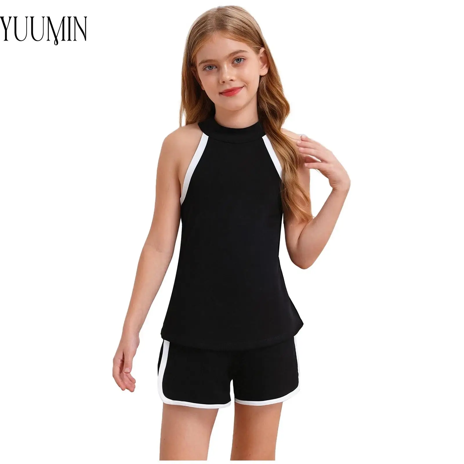 

Kid Girl Fitness Sports Set Contrast Color Tracksuit Keyhole Back Sleeveless T-shirt with Sides Slit Shorts for Gym Yoga Workout