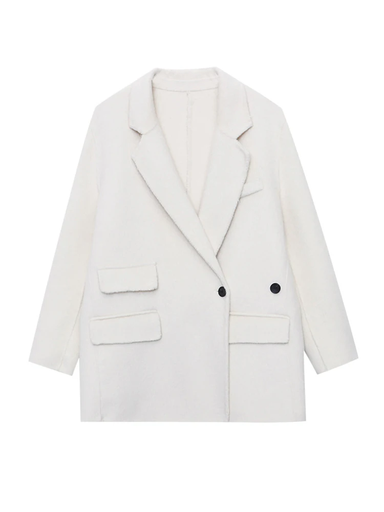 [LANMREM] Blazers de lana con botones asimétricos para mujer, chaquetas cálidas con muescas y doble botonadura para oficina, novedad de invierno