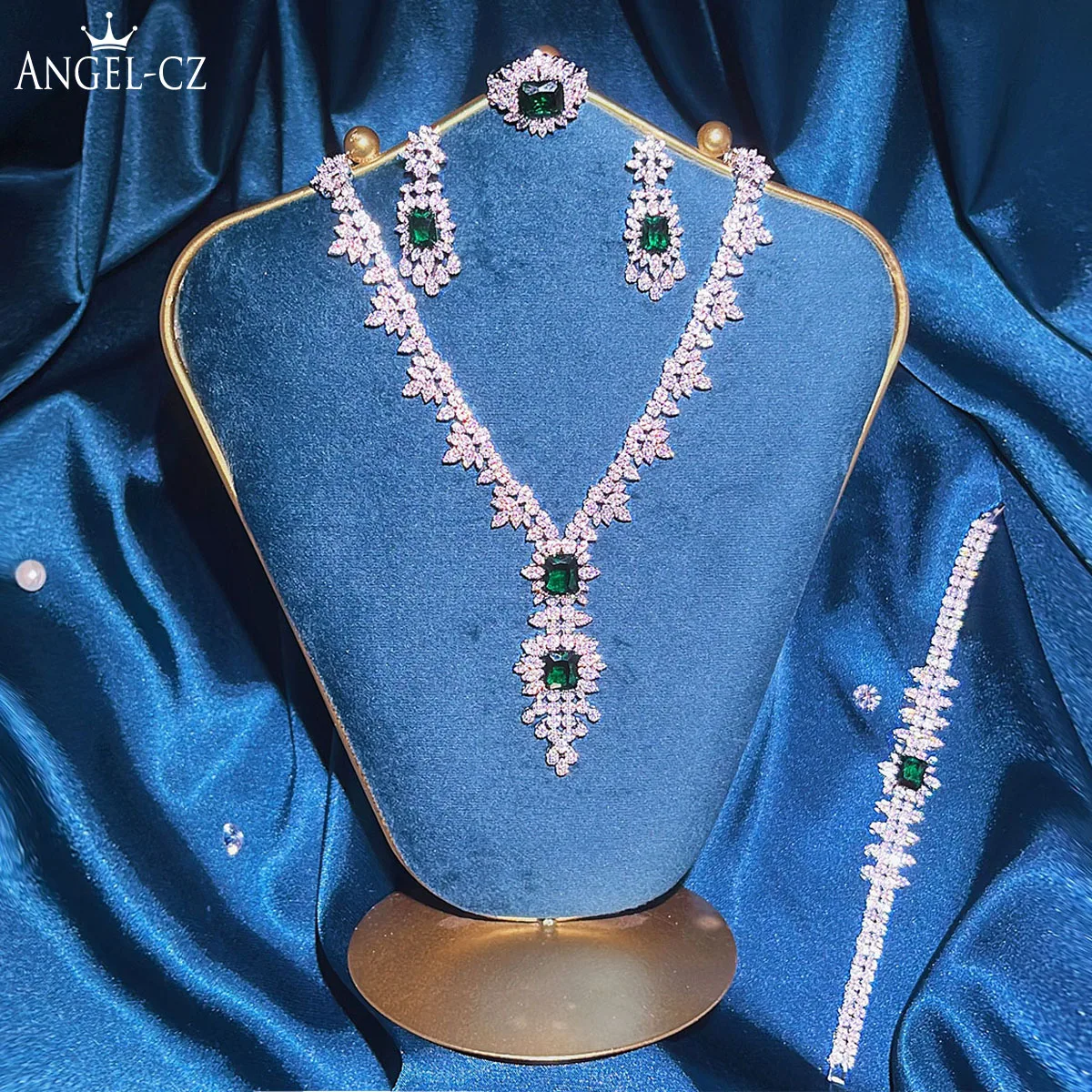 ANGELCZ Fine Brides 4Pcs Jewelry Sets White Gold Color AAAAA Bling Cubic Zircon Green Square Stone Wedding Accessories AJ216