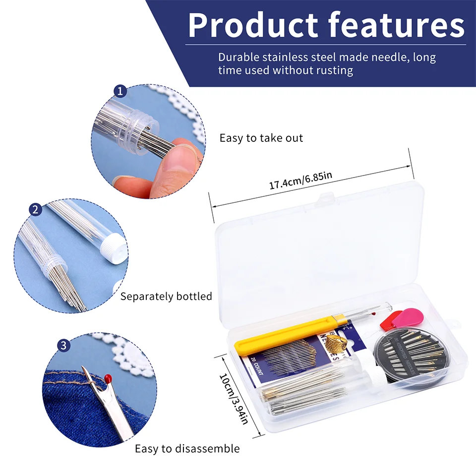 IMZAY Hand Sewing Needles Set with Large Eye Premium Stitching Needles Seam Ripper Plastic Threader and Thimble for Hand Repair