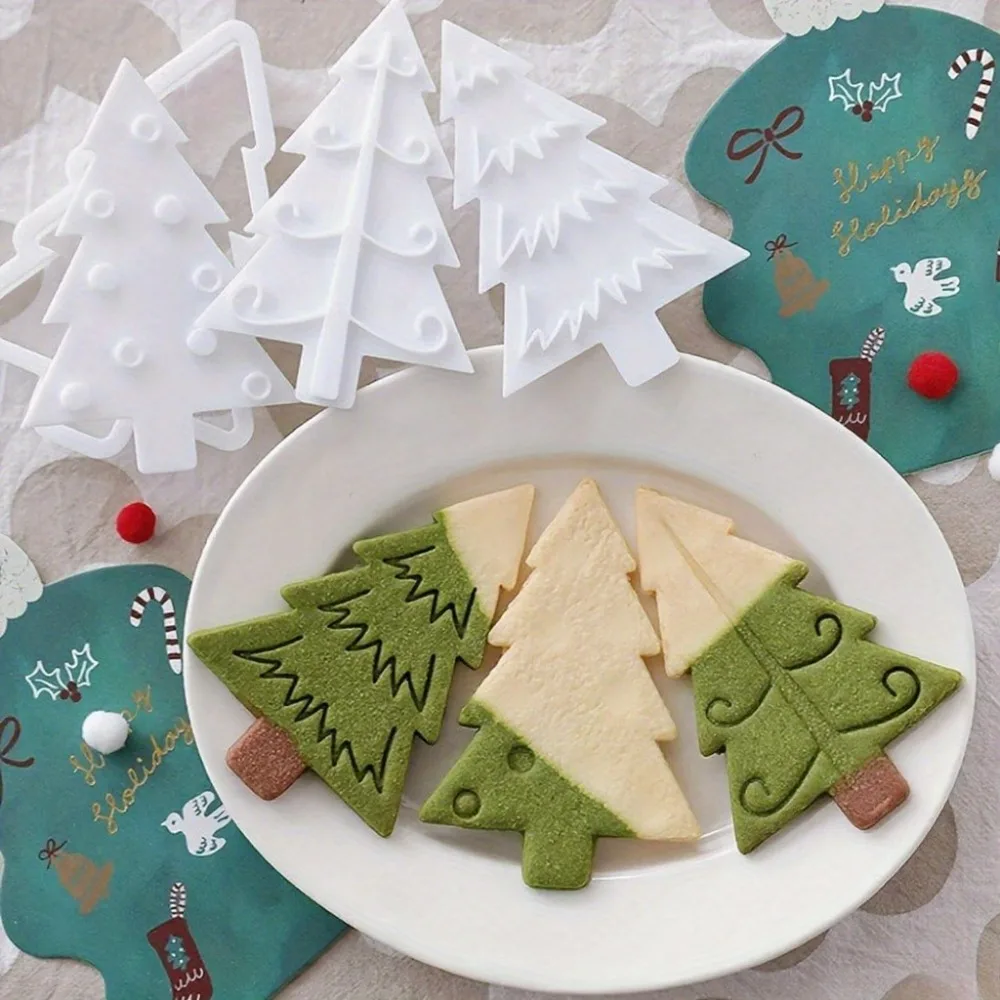 4-teiliges Weihnachtsbaum-Ausstechformen-Set, nordischer Stil, Kunststoffformen mit Stempeln, DIY-Backwerkzeuge für festliche Leckereien & Geschenke