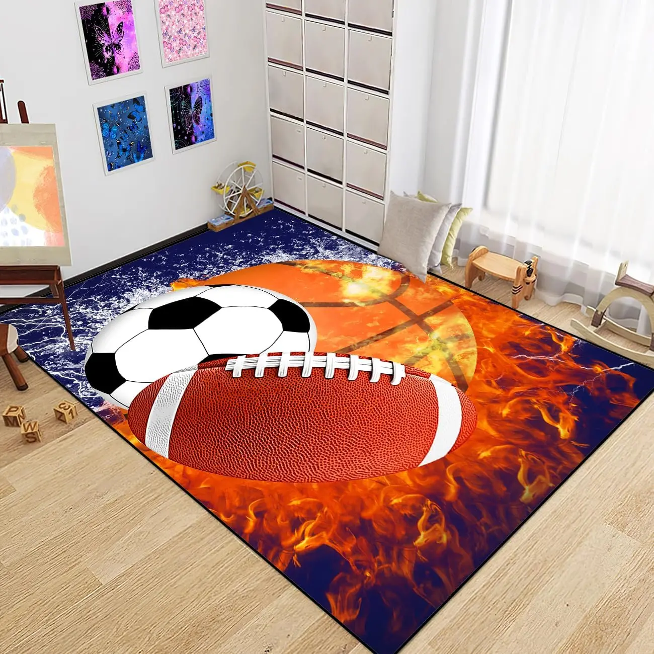 Sports Rugs for Boys Bedroom Football & Soccer, Baseball,Basketball Rug for Boys Bedroom Sports Themed Water Flame Design Kids