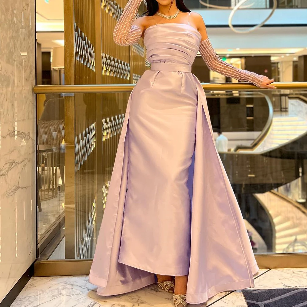 Exquisite Draped Pleat Strapless Floor Length Straight Evening Dress Satin Detachable Sleeve  Irregular  Vestido De Festa