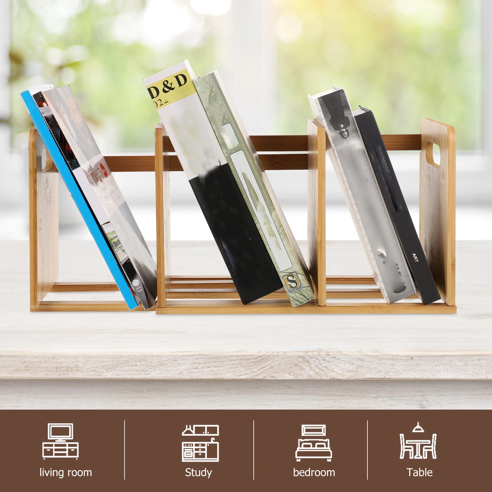 

Telescopic Bookshelf Rack Desktop Organizer for Sorting Machine Tabletop Bamboo Office
