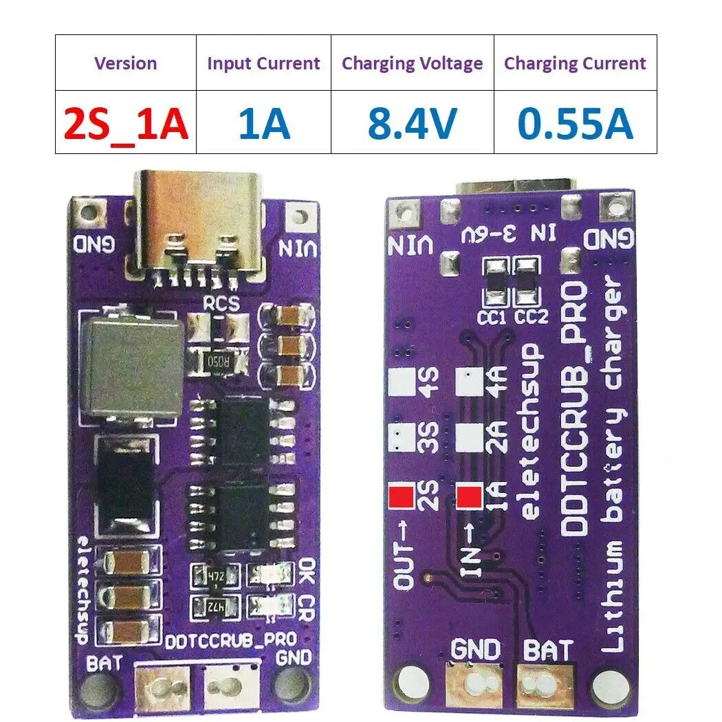 2 Cell Type-C USB 5V to 8.4V 1A 2A 4A LiPo Li-Ion Battery Pack Portable Charging