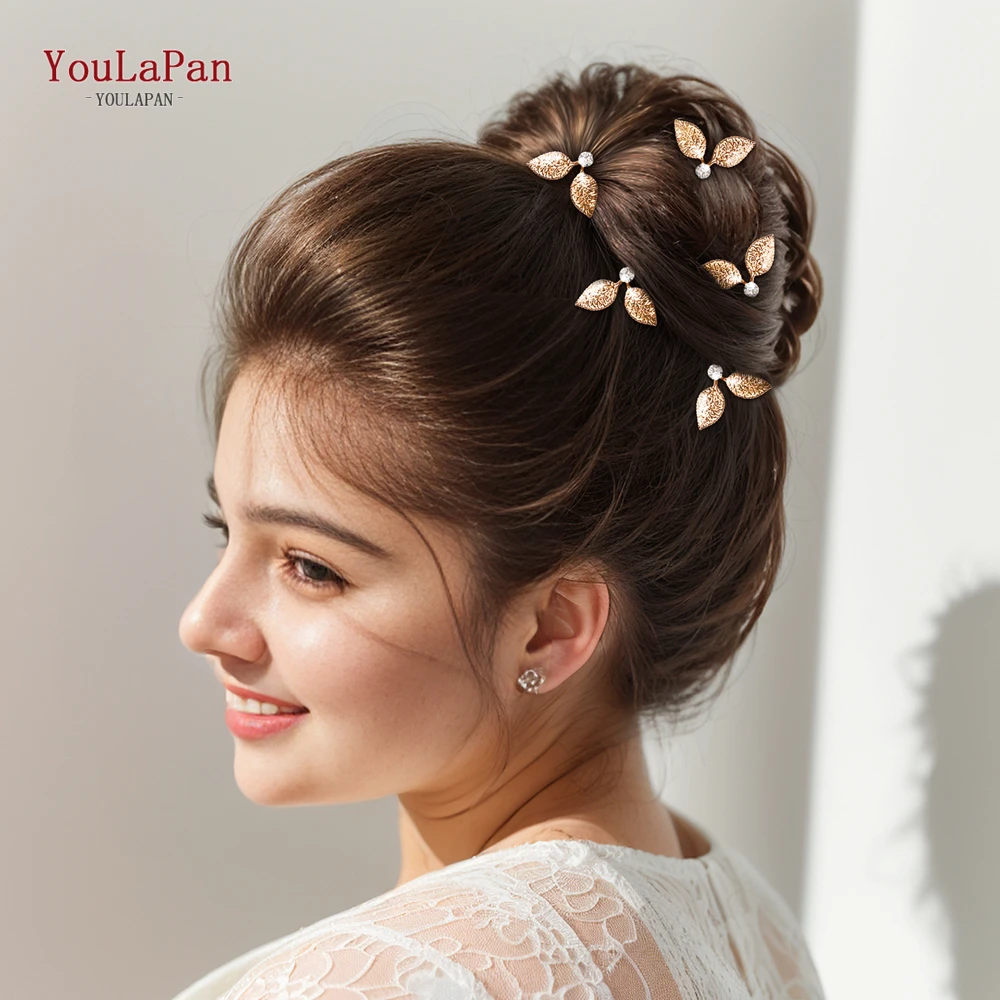 YouLaPan Bride Gold Color U-Shape hairpins Wedding Headpiece Alloy Leaf Hair Pins Rhinestone Wedding Hair Accessories HP769