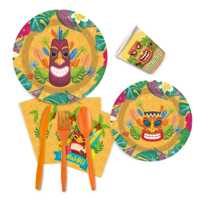 Suministros para fiesta Tiki tropical hawaiano, vajilla desechable, platos, servilletas para graduaciones navideñas de cumpleaños, fiestas de verano
