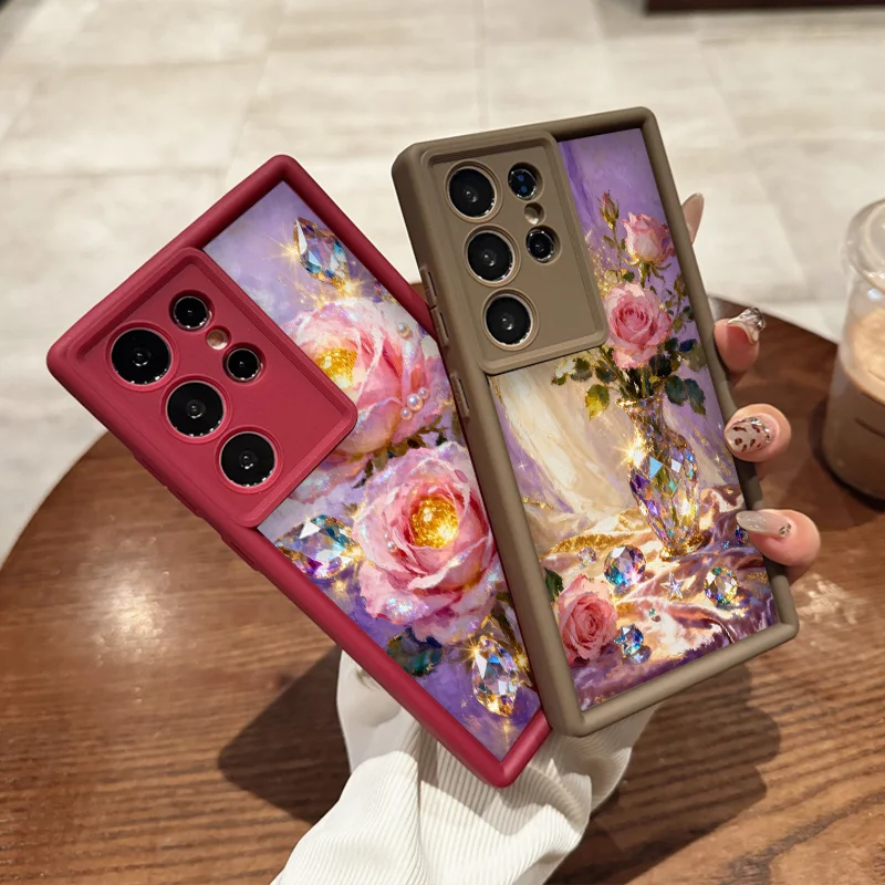 Luxury Pink Rose Flower Diamond Jewelry Printed Phone Case for Samsung Galaxy S26 Ultra S25 S24+ S23 S22 S21 Plus S20 Soft Cover