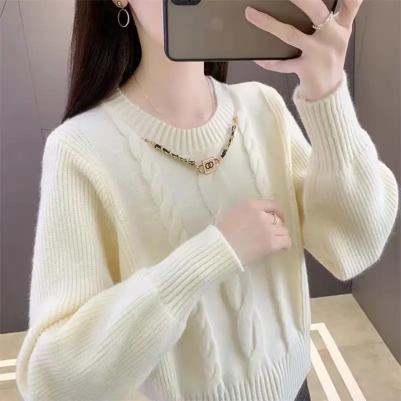 Herbst und Winter Frauen solide O-Ausschnitt lange Ärmel lose dicke Pullover Schraube Gewinde kette koreanische Mode All-Match-Tops