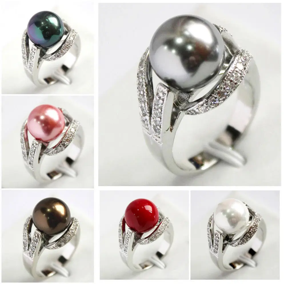 Fashion Women's 12mm South Sea Shell Pearl Gemstone Jewelry Ring Size 6 7 8 9