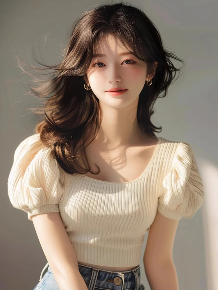 Chic ort Ice Silk Knitted Bubble Sve T-shirt coreana Sle Commute Faion Slim Fit Summer Wear Unico ed Ele