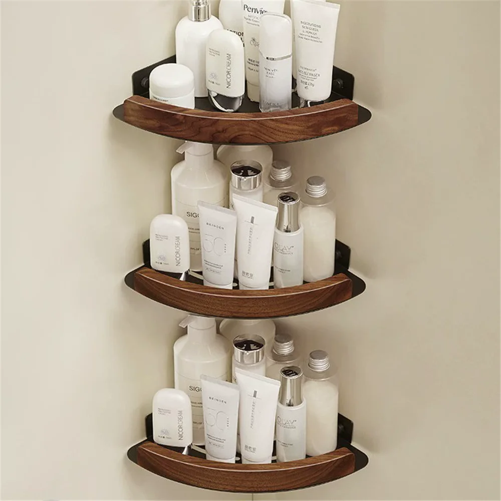 

Алюминиевая полка для хранения в ванной комнате из орехового дерева, черная полка для ванной комнаты, настенная полка для ванной, угловая полка для ванной комнаты, кухонная полка для хранения