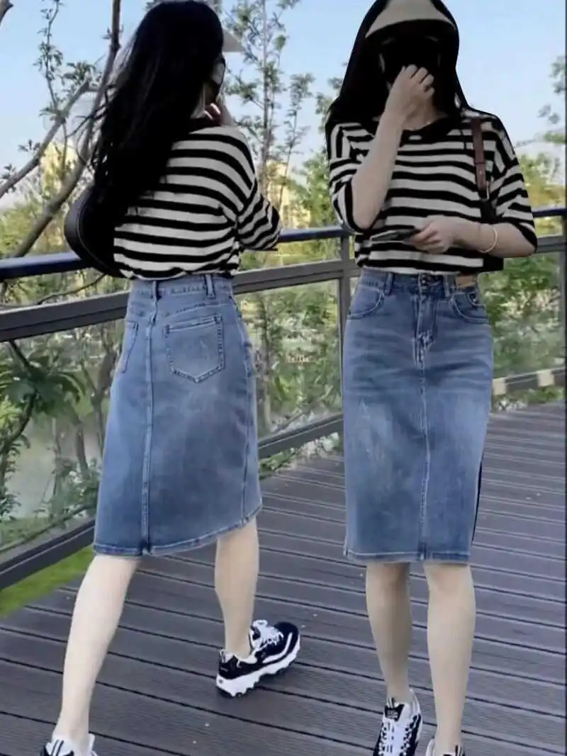 

Slimming Stripe Mid-Sleeve T-Shirt Denim Skirt Set Women's Fashion Spring Summer Two-Piece Suit Korean Style round Neck