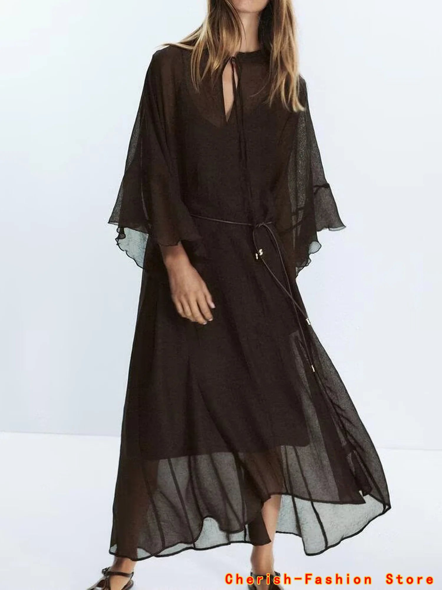 Ruffle Lange Jurken voor Vrouwen Fee Ruches Merk Jurk Vrouwen Lente Semi Sheer Dames Jurken Losse Party Damesjurk