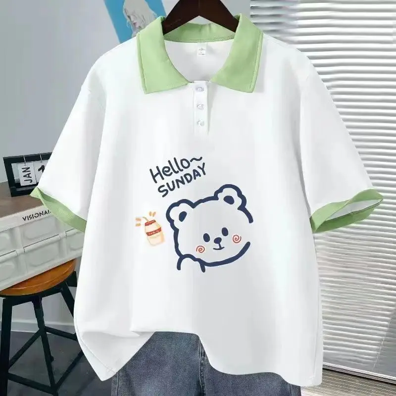 Summer girls' short sleeved polo collar T-shirt+fashionable wide leg pants two-piece set