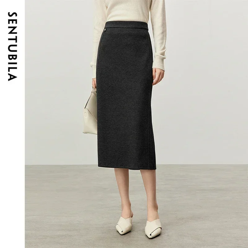 

SENTUBILA Office Lady Knitted Skirt for Women 2025 Spring Fall Knit Straight Simple Grey Slit Skirt Woman Clothes 143Q56725