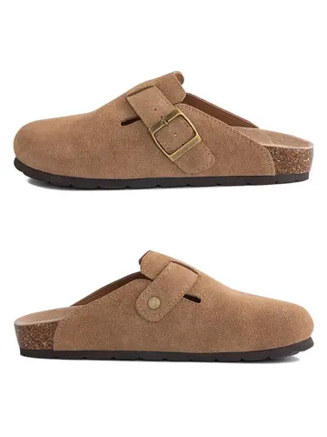 Kidmi Men's Suede Clogs Cork Footbed Clogs for Women Soft Leather Adjustable Buckle Slip-on Potato Shoes Sandals Beach Slippers