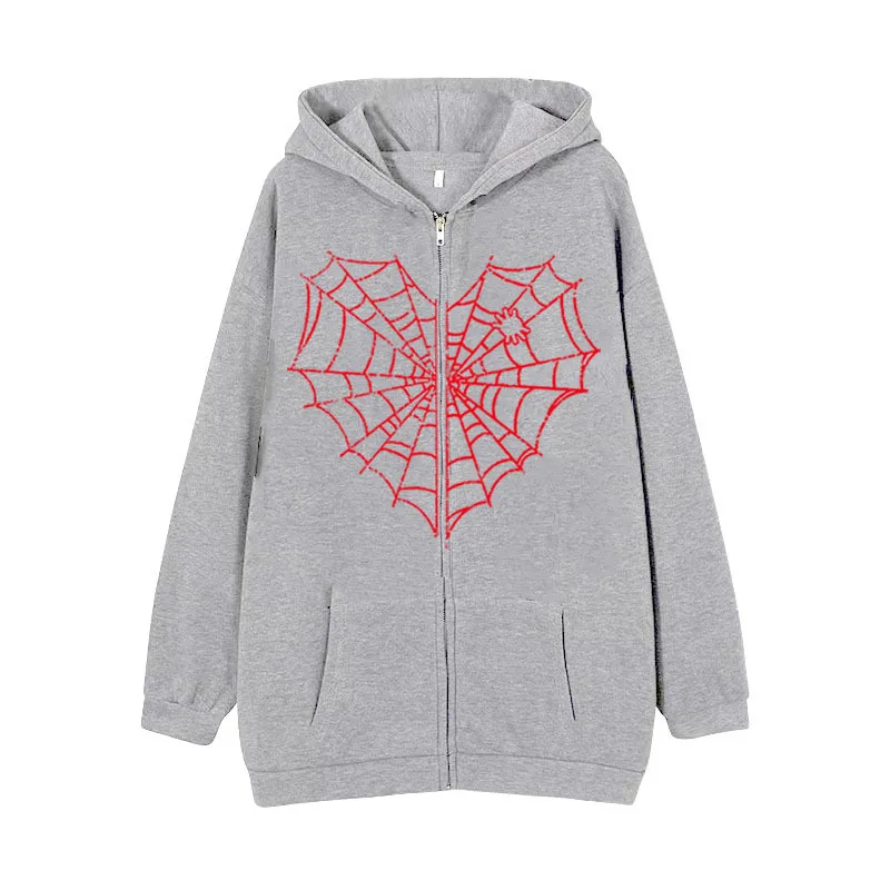 Spider Cobweb Pattern Zipper Hoodies Hip Hop Fashion Y2k Women Men Autumn Loose Zip Up Sweatshirt Retro Trend Couples Clothes