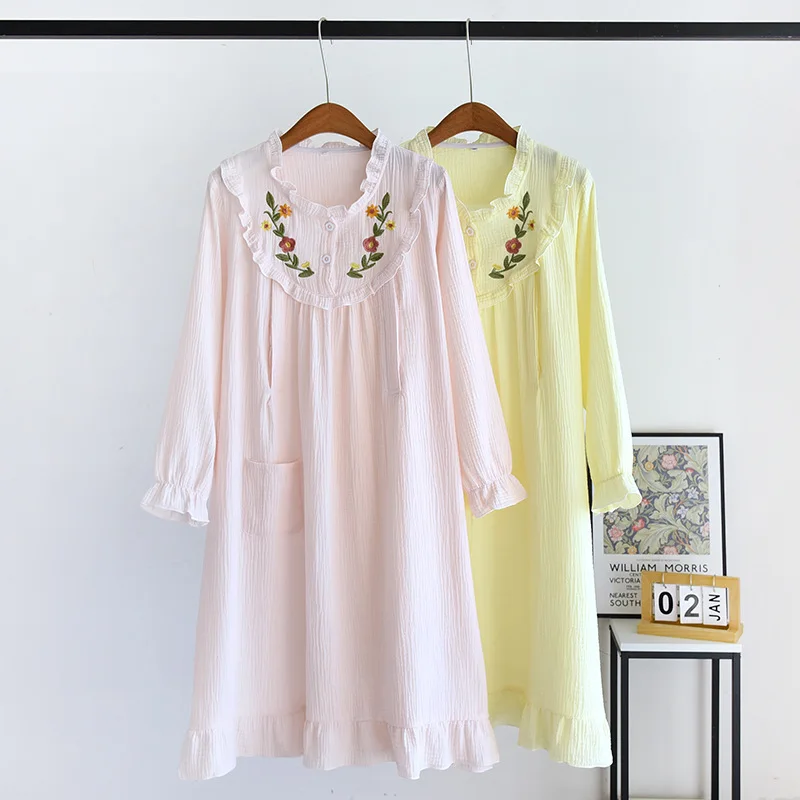 Embroidery V-Neck Maternity Clothes Breastfeeding Nightgowns Nursing Sleepwear Spring Autumn New Loose Pregnancy Dresses