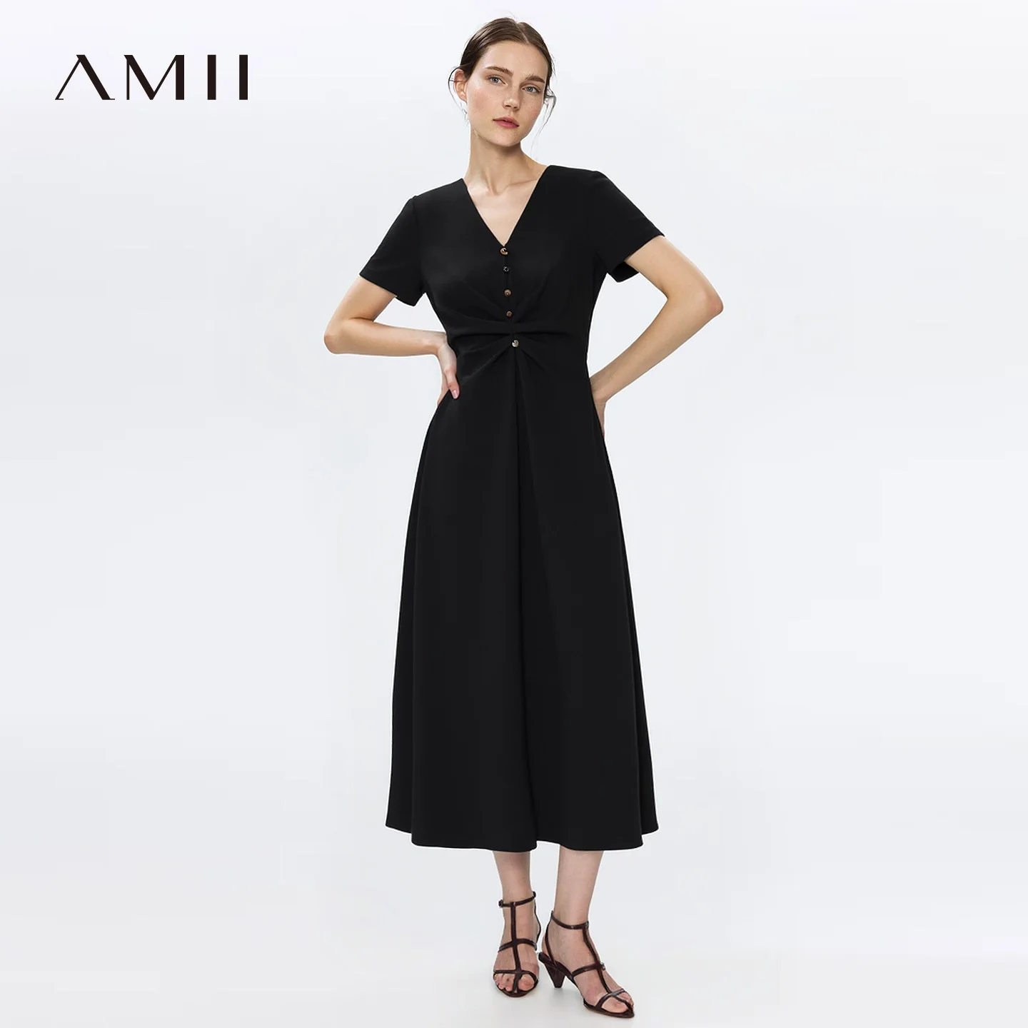 Amii Women's Dress 2026 Summer New Short Sleeve V-Neck Shirred Fitted Waist Midi Dress Holiday Casual Woman Clothes 12622204